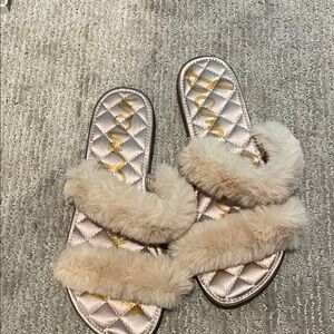 Sam Edelman Beige Faux Fur Quilted Slide Sandals (Griselda)